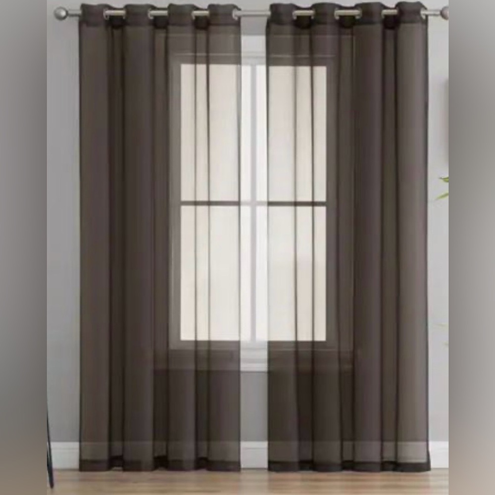 Semi Sheer Voile Window Curtain Drapes Grommet 60in x 84in Brown Set of 2 - Picture 1 of 3